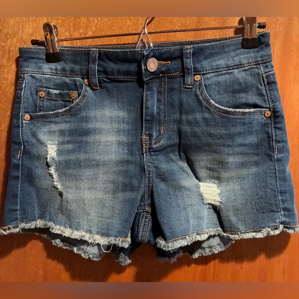 Indigo Rein Distressed Blue Denim Frayed Hem Shorts